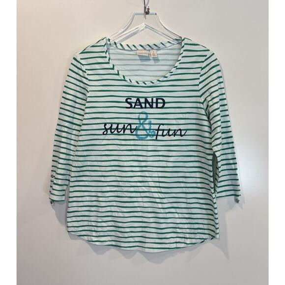 Chico’s Zenergy Sand Sun & Fun Green White‎ Stripe Shirt Top Womens Small (504) - Picture 4 of 7